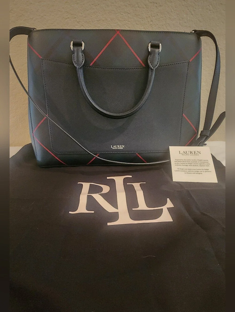 Lauren Ralph Lauren Plaid Hanna Satchel Crosshatch Leather EUC w/ Dust Bag